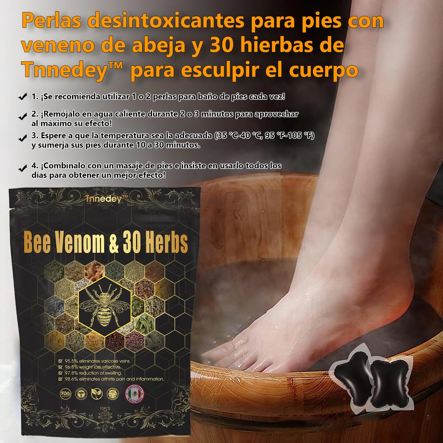 Último día con 70 % de descuento: Tnnedey® veneno de abeja y 30 perlas de baño de pies desintoxicantes a base de hierbas para esculpir el cuerpo - Recomendado por la Academia Linfática Mexicana (AML) 🌿