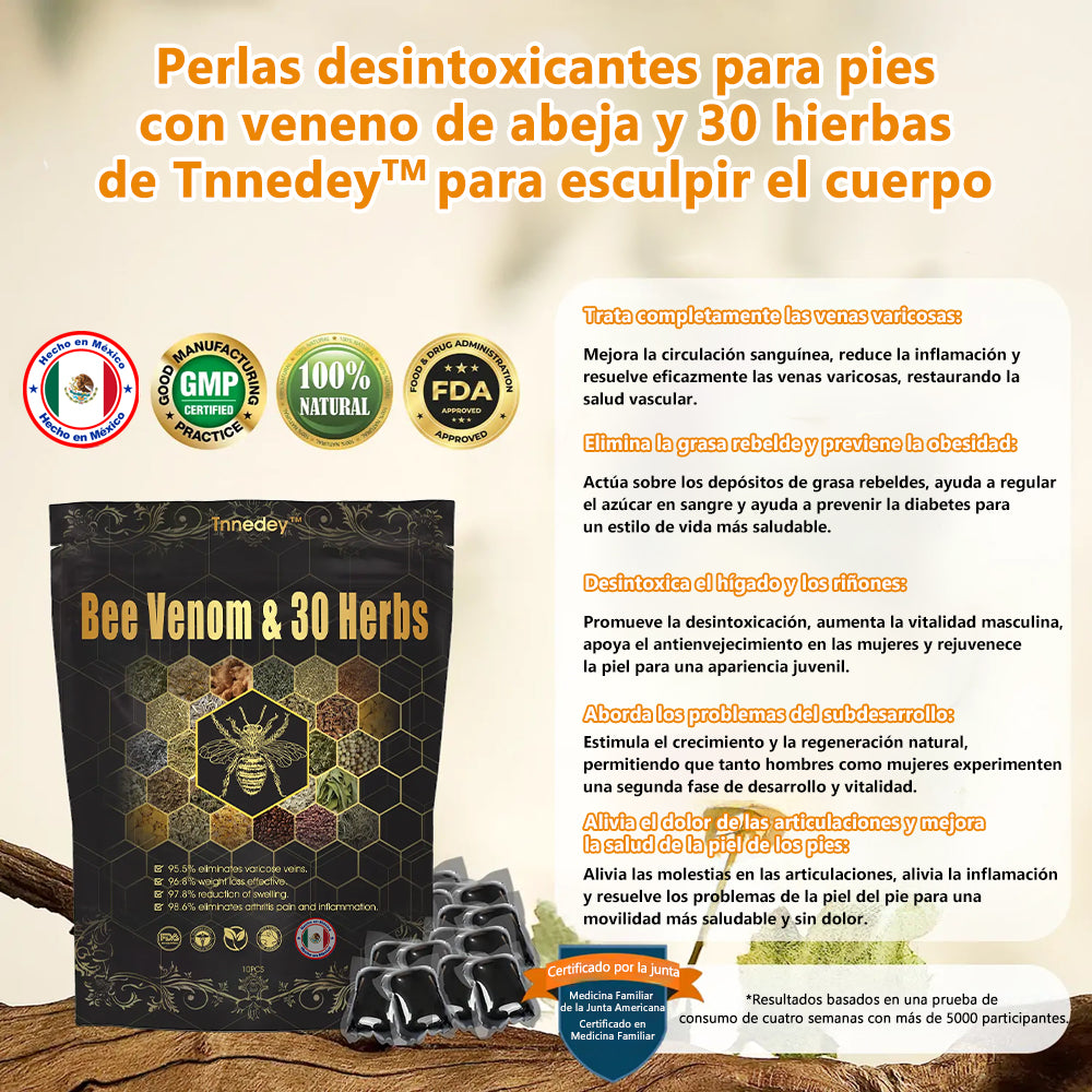Último día con 70 % de descuento: Tnnedey® veneno de abeja y 30 perlas de baño de pies desintoxicantes a base de hierbas para esculpir el cuerpo - Recomendado por la Academia Linfática Mexicana (AML) 🌿