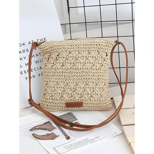 Bolso bandolera de paja tejido a mano para mujer: bolso bohemio de ratán con correa ajustable, bolso ligero de playa para vacaciones, viajes y salidas informales. Verde militar, marrón y caqui.