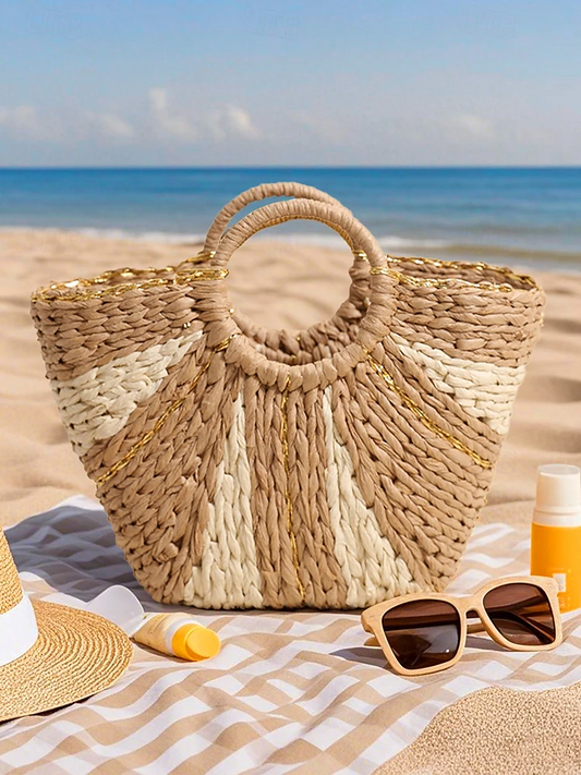 Elegante bolso de playa de paja tejida para mujer con asas circulares, gran capacidad, diseño bohemio ecológico, perfecto para verano, vacaciones y excursiones.